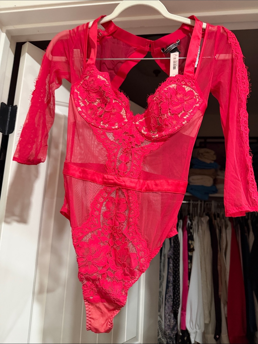Victoria's Secret Hot Pink Lace Sheer Bodysuit